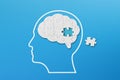 Brain shaped white jigsaw puzzle on blue background, a missing piece of the brain puzzle, mental health and problems with memory Royalty Free Stock Photo