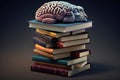 Brain on stack of books on black background