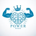 Brain with strong bicep hands of bodybuilder. Power Brain emblem, genius concept. Brain training, grow IQ.