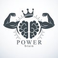 Brain with strong bicep hands of bodybuilder. Power Brain emblem, genius concept.