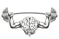 Brain with strong hands, brain training, icon cartoon hand drawn vector illustration sketch