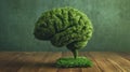 Brain structure covered with grass on wooden background