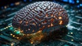 Brain surrounded by circuitry on a dark circuit board background. Ai generated. Royalty Free Stock Photo