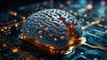 Brain surrounded by circuitry on a dark circuit board background. Ai generated. Royalty Free Stock Photo