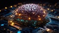 Brain surrounded by circuitry on a dark circuit board background. Ai generated. Royalty Free Stock Photo