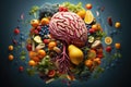 Brain Surrounded by Fruits and Vegetables, The human brain is depicted with colorful fruits and vegetables, representing a Royalty Free Stock Photo