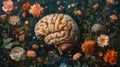 A brain surrounded by a garden of various blossoming flowers indicating the diverse range of thoughts and theories