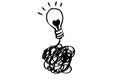 Brain with switch and bulb light cartoon illustration graphic design on white. Doodle style