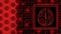 Brain symbol in frame - abstract background of 4-digit binary code behind information connecting lines and honeycomb elements Royalty Free Stock Photo