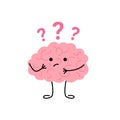 Brain think, doubt over question, cute child character. Confused brain, seek answer. Vector illustrationBrain think Royalty Free Stock Photo