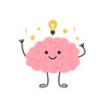 Brain think, light bulb as idea, cute child character. Happy brain learn and finds solution. Vector