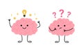 Brain think, light bulb as idea and doubt over question, cute child character. Happy brain learn and finds solution