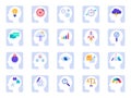 Brain thinking process icons. Business idea, success solution in businessman head and human brains psychology flat icon