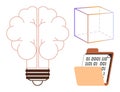 Brain-shaped light bulb symbolizing creativity with binary code folder and geometric cube for innovation Royalty Free Stock Photo