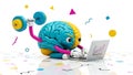 Brain Training, Brain Power Cartoon Brain Lifting Weights, Using Laptop Royalty Free Stock Photo