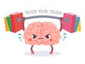 Brain training. Cartoon brain lifts weight with books. Train your memory, studying, learning and knowledge education vector
