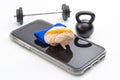 Brain training, neurology improvement app and mind workout concept with human brain with sweatband, barbell and free weights and