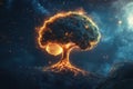 A brain transforms into a glowing tree with bright branches and roots, symbolizing knowledge and growth in a cosmic