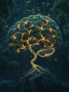 A brain transforms into a glowing tree, symbolizing growth, wisdom, and transformation in a dark, magical setting