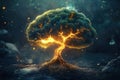 A brain transforms into a glowing tree, symbolizing the link between knowledge and growth in a surreal landscape