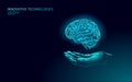 Brain treatment low poly 3D render. Medicine care hand drug mental health concept. Cognitive rehabilitation in Alzheimer