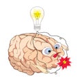 Brain with turning light bulb and wires short circuit in cartoon style Royalty Free Stock Photo