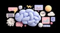 Brain updating with loading status bar, chat messages and clock icons on transparent background Royalty Free Stock Photo