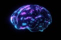 A brain visualization showcases illuminated digital grids in blue and purple, symbolizing advanced technology and data