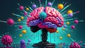 Brain wash digital concept. Brain explosives colorful ideas virus infected. Generative AI.