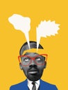 Brain wash. Young man in image of zombie with speech bubbles in his head isolated over abstract background. Mind control
