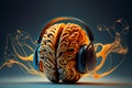 A brain wearing headphones, representing the power of music to stimulate and activate cognitive function, generative ai Royalty Free Stock Photo