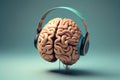 A brain wearing headphones, representing the power of music to stimulate and activate cognitive function, generative ai Royalty Free Stock Photo