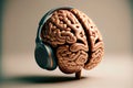 A brain wearing headphones, representing the power of music to stimulate and activate cognitive function, generative ai Royalty Free Stock Photo