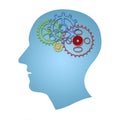 Brain works concept. Thinking, creativity concept of the human head with gears inside isolated over white