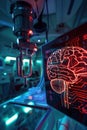 Braincomputer interface in use, dim room light, closeup, futuristic medical illustration , high resolution DSLR Royalty Free Stock Photo