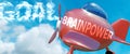 Brainpower helps achieve a goal - pictured as word Brainpower in clouds, to symbolize that Brainpower can help achieving goal in