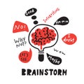 Brainstorm. Brain inside the lamp. Funny hand drawn illustration of brainstorming process.Vector.