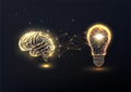Brainstorm, business startup idea solution concept with gold brain and lightbulb on black background Royalty Free Stock Photo