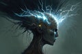 Brainstorm - Futuristic abstract cyborg human with lightning electricity out of head. Idea, thought, epiphany, brain storm