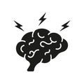 Brainstorm Glyph Pictogram. Think about Creative Idea Solid Sign. Human Brain with Lightning, Brainstorming Concept