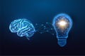 Brainstorm, idea, solution futuristic concept with brain and light bulb on dark blue background