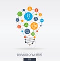 Brainstorm integrated thin line icons in idea light bulb shape. Digital neural network interact concept. Idea, solution Royalty Free Stock Photo