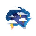 Brainstorm paper cut style. Origami brain and a lightning storm. Thinking process, good idea, brain activity, insight