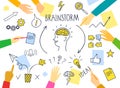 Brainstorm and teamwork banner with people`s hands and doodle symbols set