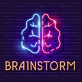 Brainstorm vector neon sign. Brain glowing icon for design.