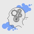 Human head and gears. Concept of thinking, brainstorming. Thought process. Flat style illustration. Royalty Free Stock Photo