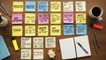 Brainstorming Business Strategy On Table With Sticky Notes Markers Notebook And Coffee Cup Royalty Free Stock Photo