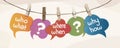 Colorful speech bubble hanging with clothespins with question text Who What Where When Why How and question mark. Investigate Royalty Free Stock Photo