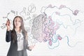 Brainstorming concept with businesswoman painting by pen illustration of human brain on virtual screen at light brick wall