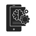 Brainstorming creative idea black glyph icon. Creative idea sign. Brain and gears in smartphone. Pictogram for web page, mobile